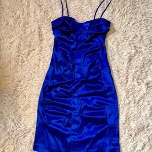 Vintage Y2K Whimsygoth HOCO Royal Blue Satin Ruched Bodycon Mini Cocktail Dress